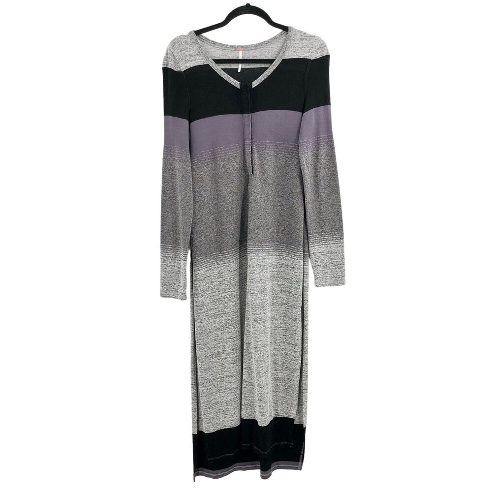 Free People Colorblock Striped Maxi Tunic Side Slits Loretta Henley Front